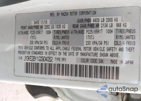 2016 Mazda Cx-5 Sport z USA, uszkodzony, nr VIN JM3KE2BY1G0904062